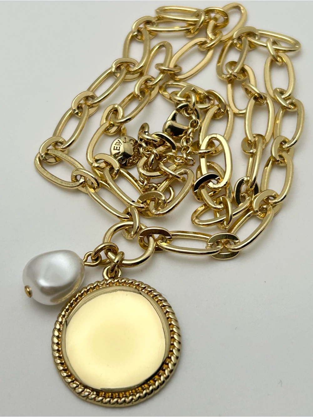 J. Crew Pearl and Gold Disc Pendant on Gold Link Necklace